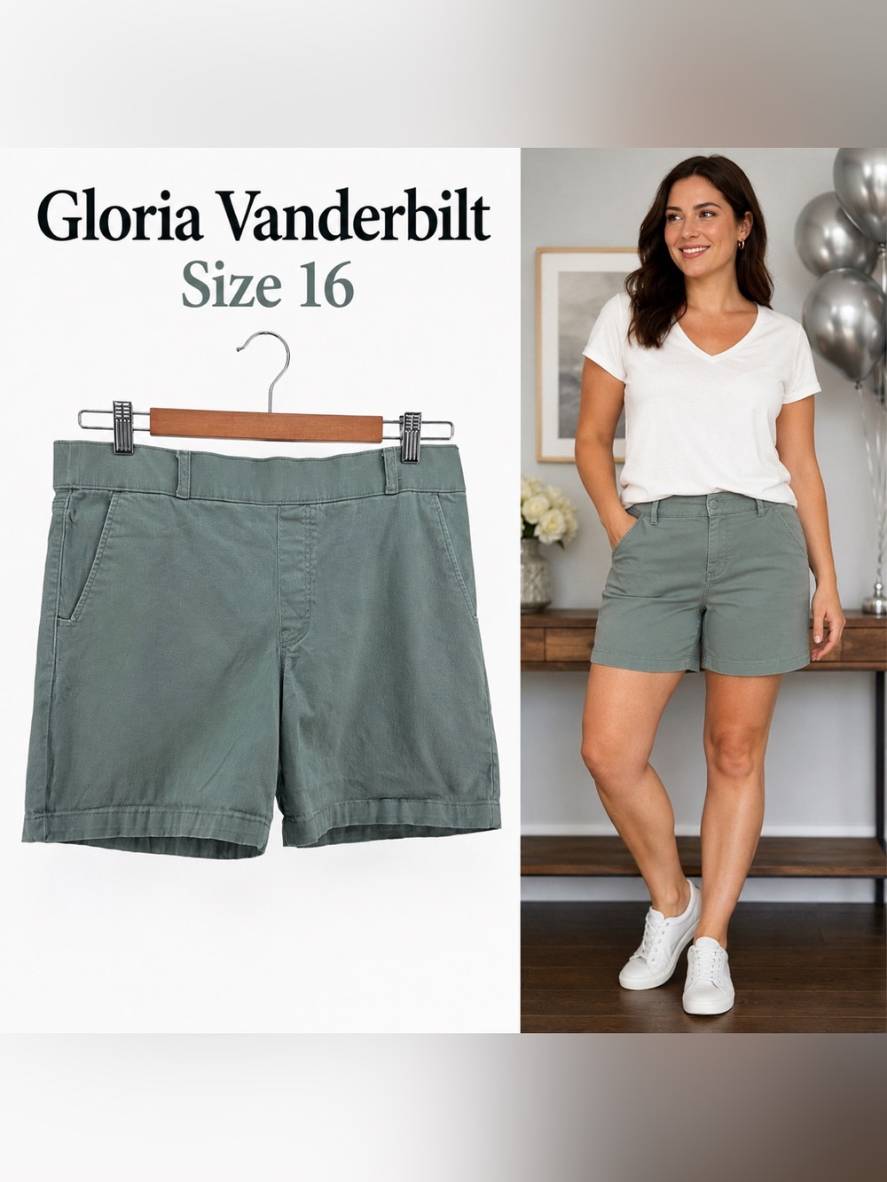 Gloria Vanderbilt Shape Effect Women’s Size 16 High Rise Shorts Green Chino